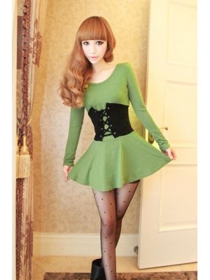 Q8185*Girdle Long Sleeve Dress (Green)